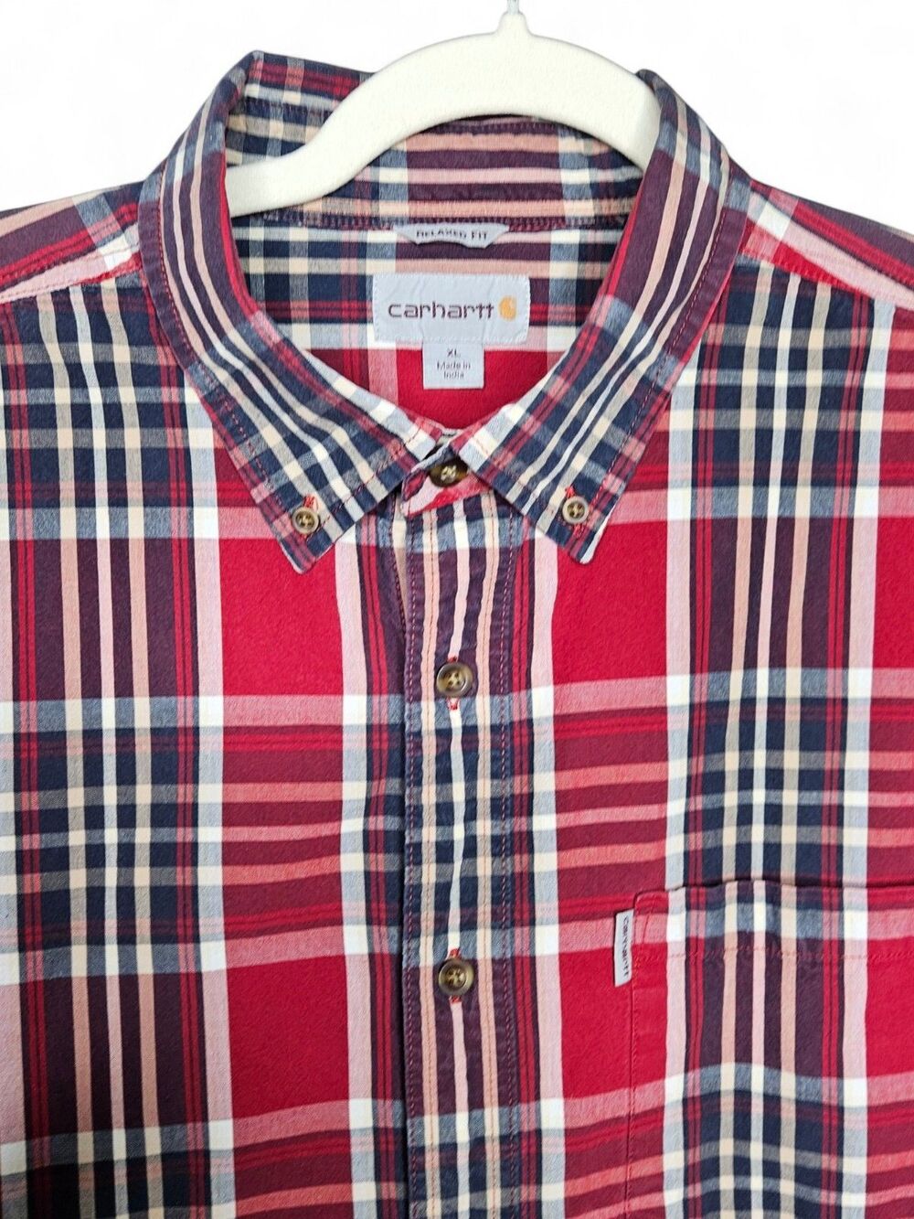 Carhartt Button Down Shirt Mens XL Red Plaid Short Sleeve Cotton Relaxed Fit
